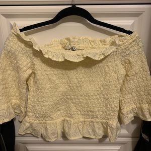 yellow ruffle off the shoulder top